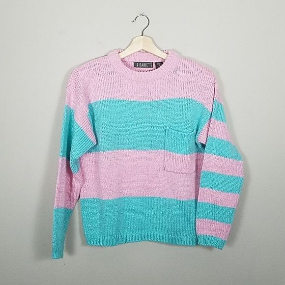 Vintage Pink and green Fun sparkle stripe sweater - Picture 1 of 3